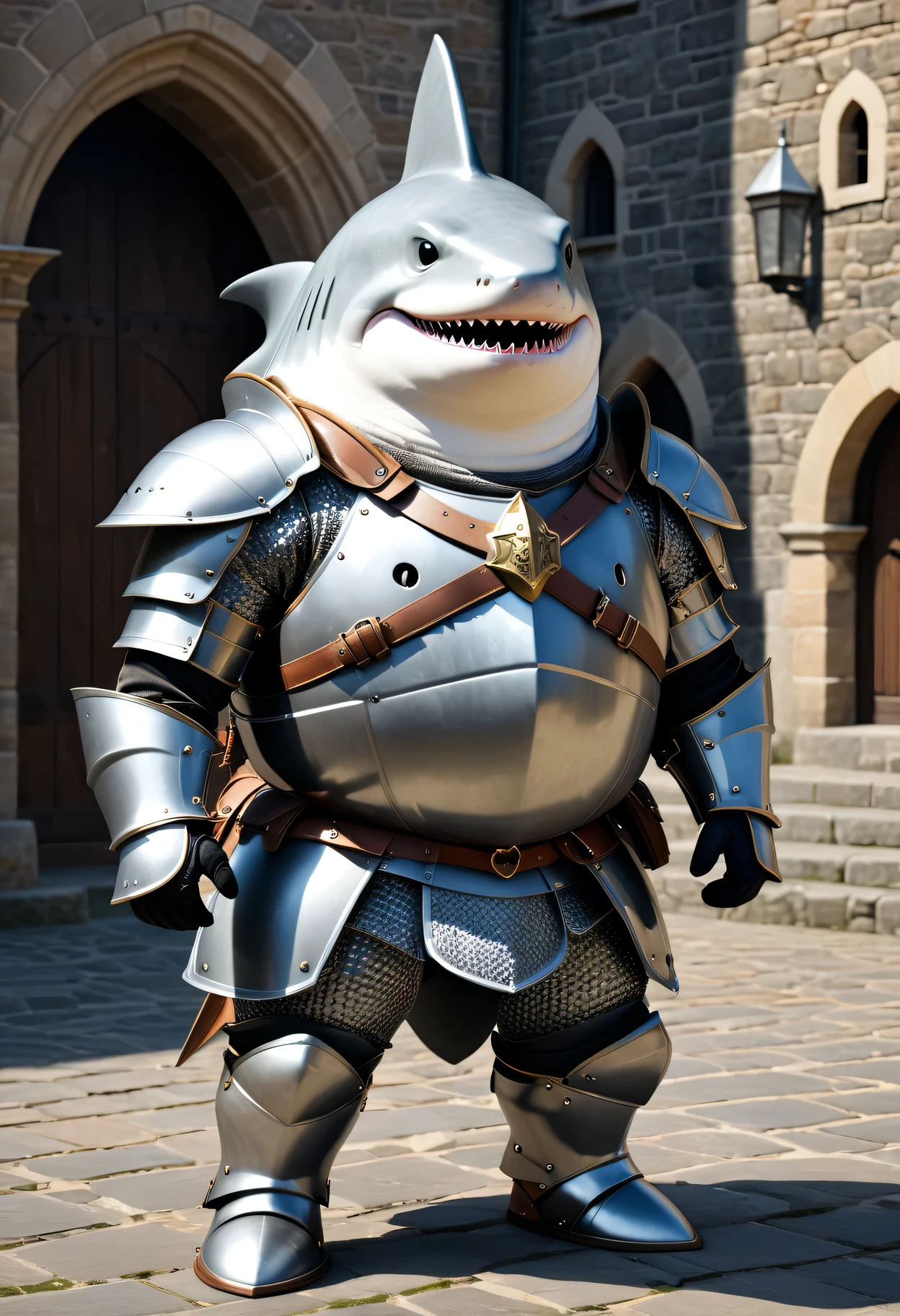 photorealistic portrait of Dressed animals - a ((fat)) (Shark) knight,(hands on hips:1.5),(furry),(helmet), high quality,(lovely) ,intricate detailed armor, highly detailed ((knight armor, greaves, sabaton)) , highly detailed knight equipment , (happy), natural lighting,(full body image:2.0),(stone buildings background),score_9, score_8_up, score_7_up, score_6_up, score_5_up, score_4_up,