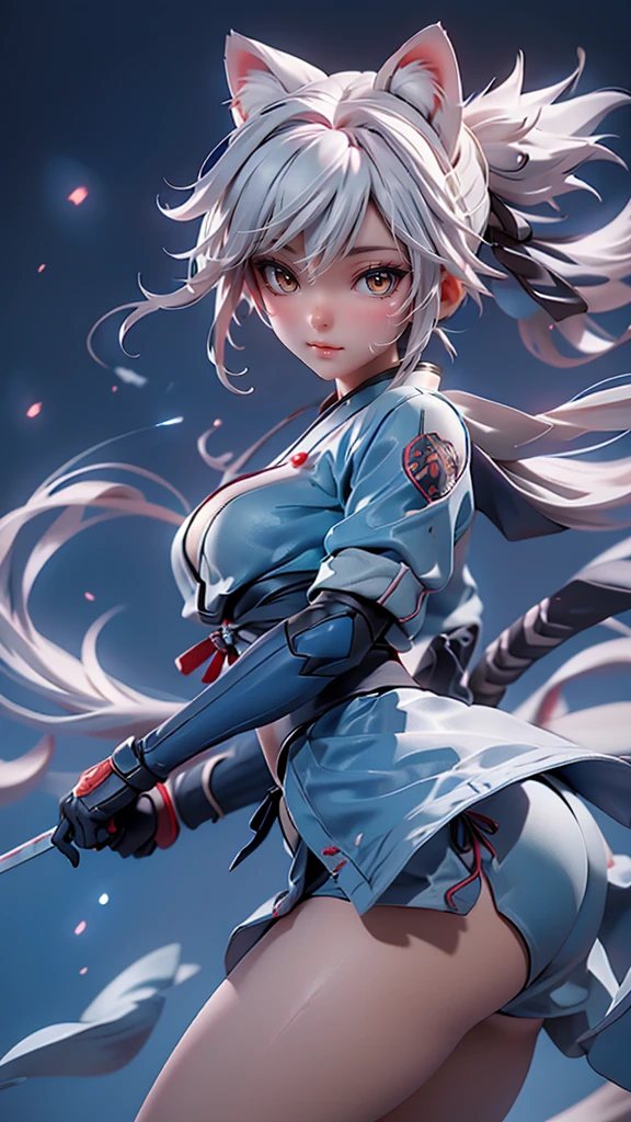 Moisturized Skin, (Red eyes), Realistic body, (Adult female body), Energetic, (), (),3DCG,
break,
Bright red lipstick, (Beautiful belly button), (Silver Hair), ((Cat ear)), Beautiful Hair, (Hatake Kakashi's clothes: 1.3),
break,
((masterpiece + Highest quality + High resolution + Very detailed)), (whole body: 1.2), Symmetric, One shot,
break,
(Electric shock), (The wind is blowing), (Blue electricity), (Combat Ready: 1.4),
break,
(Big Japan sword), Ninja, In the mansion, assassination, cut, Kunai, Fantasy, dynamic,