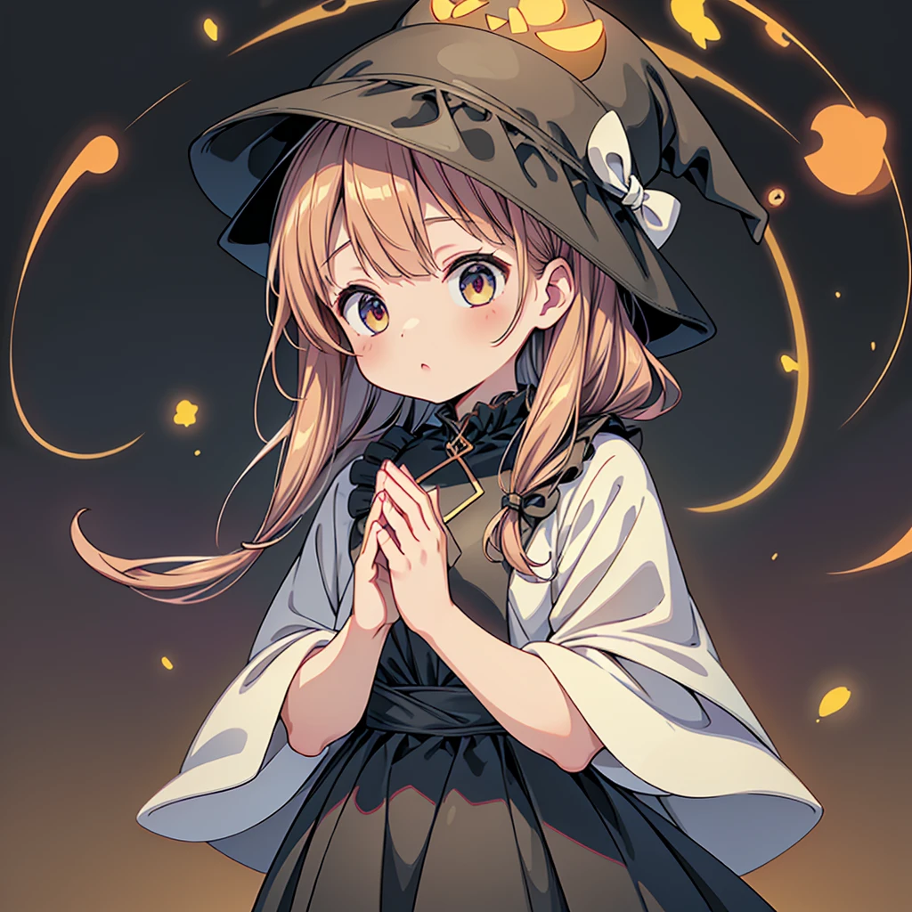 1girl,(((Perfect Anatomy、Perfect human body、Highest quality、Masterpiece、Super detailed、X Composition、S composition、Square Composition、Triangular composition、Award-winning works)))、cute、Palette of pastel colors、Trick or Treat、Pumpkin carriage、Big Wizard Hat、Black Cape、Black dress、Absurd、The fantastic world of Halloween、neon lines、Background is gold accessories、Charm、白いcuteおばけ、