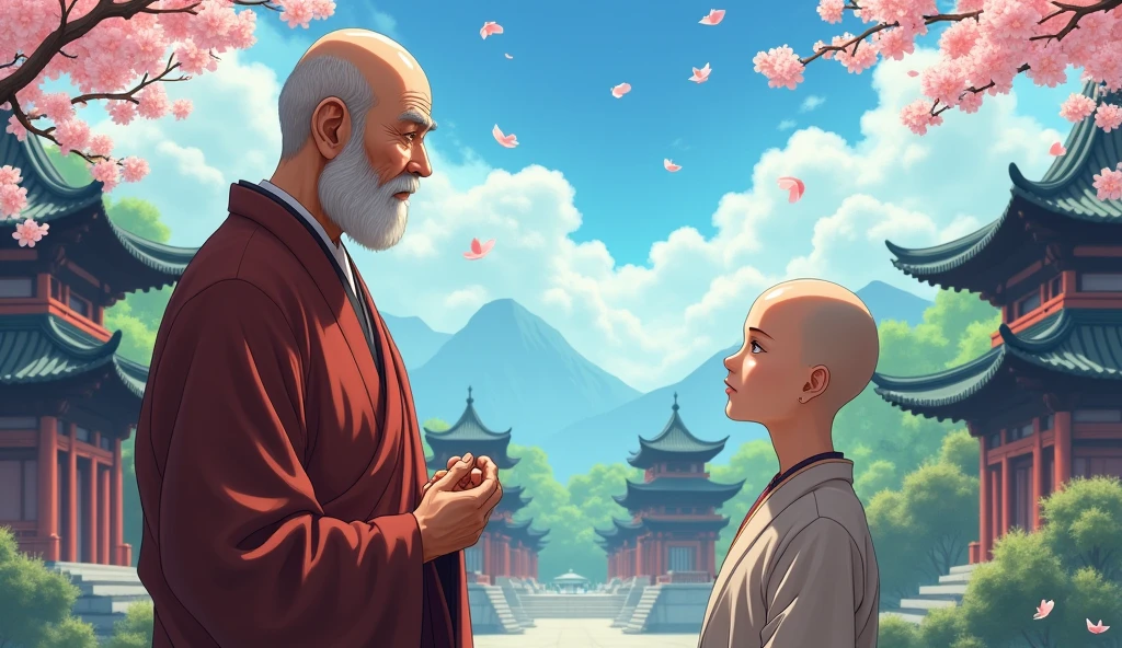 Chinese bald fat monk sensei talking to bald desciple, standing, beautiful scenario, peaceful, happy, surrounded by temples, in anime style, beautiful trees,