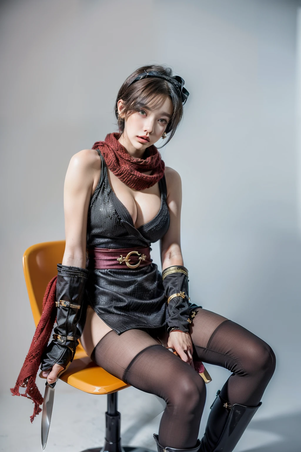 (RAW shooting:1.2, Photoreal:1.5, 8k:1.2, highest quality:1.2, masterpiece:1.2, ultra high resolution:1.2), (perfect dynamic composition:1.2, Highly detailed skin and facial textures:1.2,beautiful and aesthetic:1.2, full body:1.2, Fair skin:1.2), (large breast:1.4, Chest gap:1.4), (perfect limbs:1.2), (perfect fingers:1.2),(1girl:1.2,tall:1.2,sexy:1.2,asian:1.2,glamour:1.2,makeup:1.2),(sitting:1.2,chair:1.2,legs together:1.2),(earrings:1.2),(ragnarok_ninja:1.2),(red ninja scarf:1.2),(black short hair cut:1.2),(hairband:1.2),(double eyelid:1.2),(sash:1.2),(knife:1.5),(simple background:1.2),(thigh tights:1.2),(ninja boots:1.2),