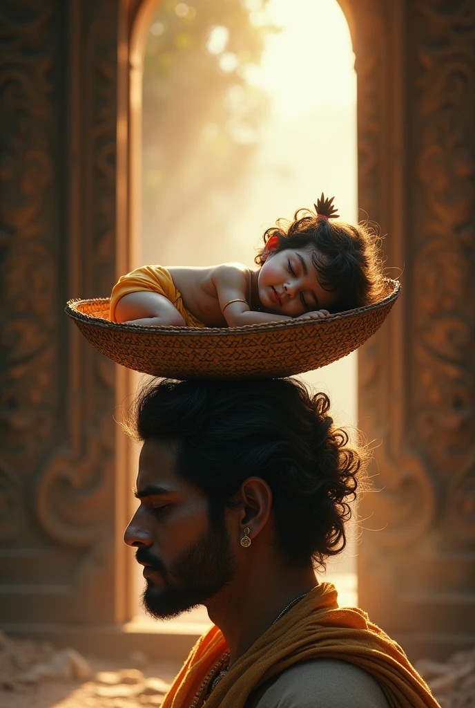 Indian cell of door automatically open and Krishna slept in a bamboo basket on Vasudeva's head 
