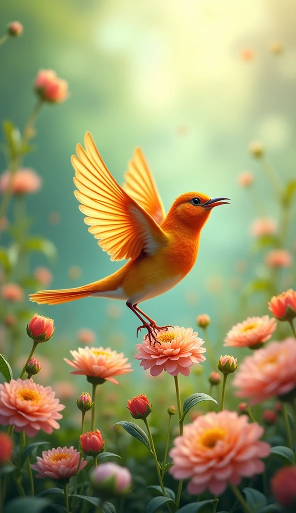 The bird flies and sings a song of happiness, it sits on the flowers and settles in a small world