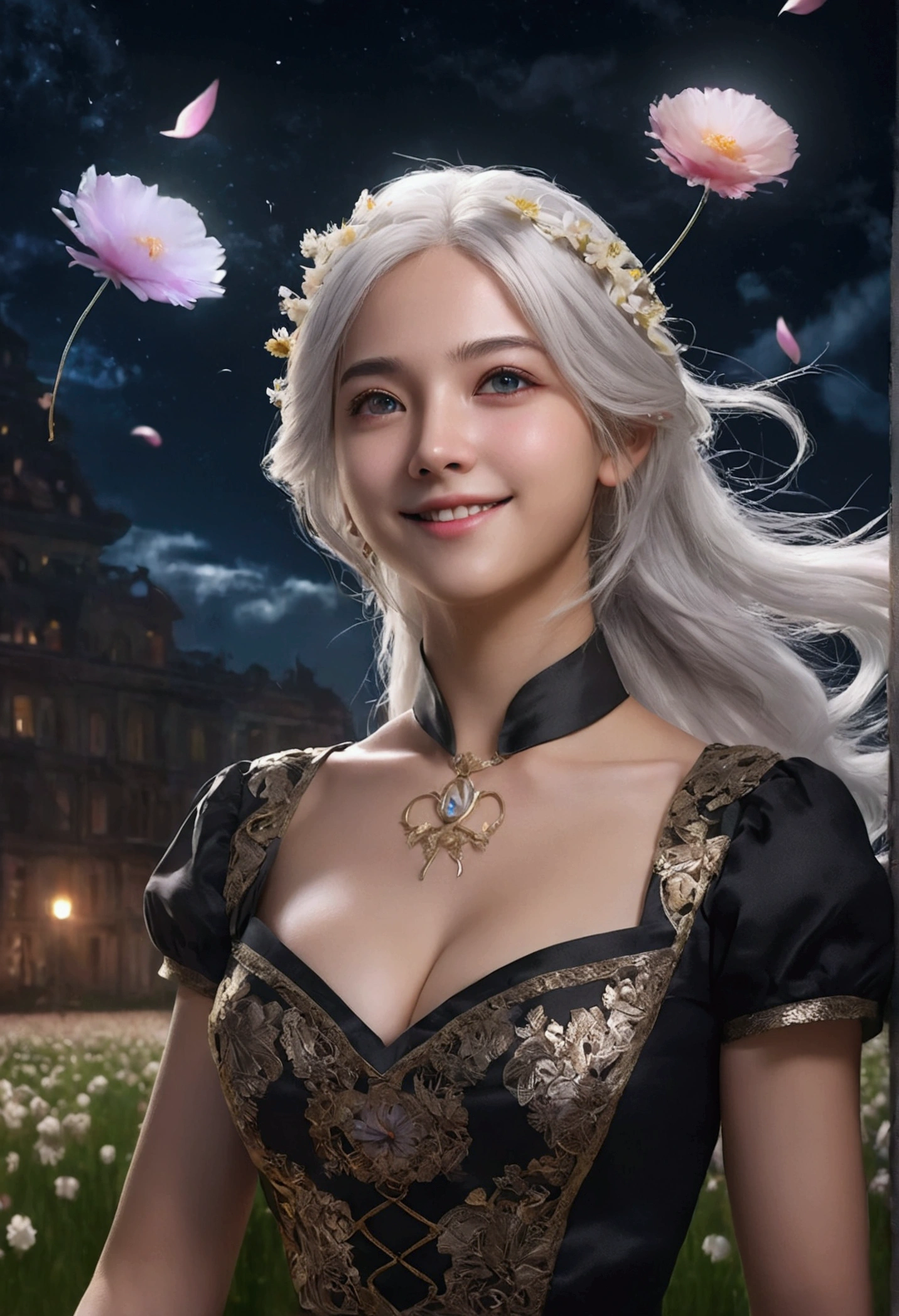 masterpiece, best quality, 1girl, (colorful),(finely detailed beautiful eyes and detailed face),cinematic lighting,bust shot,extremely detailed CG unity 8k wallpaper,white hair,solo,smile,intricate skirt,((flying petal)),(Flowery meadow) sky, cloudy_sky, building, moonlight, moon, night, (dark theme:1.3), light, fantasy