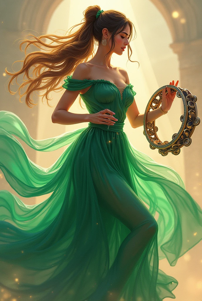 Tambourine player with tied hair, long green dress and holding her tambourine