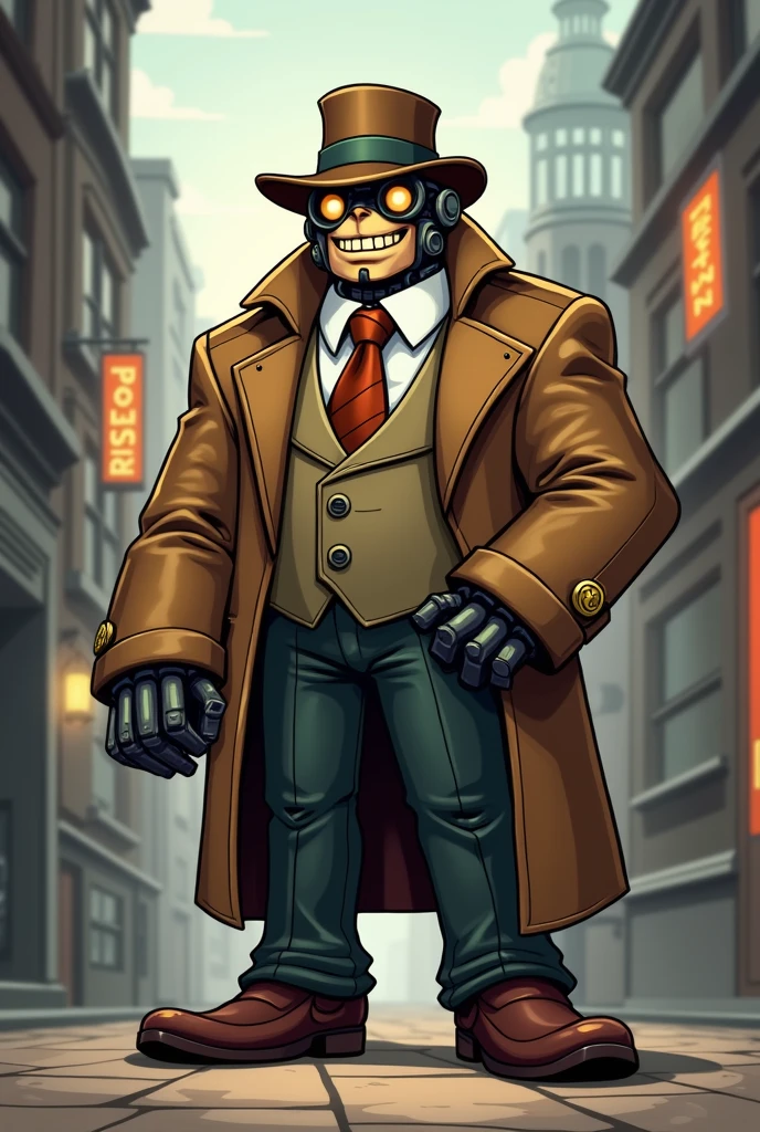 une al detective laiton ya blitzcrank de league of legends, That is, dress Blitzcrank in all Professor Layton's attire with a 2D cartoon style with a trench coat and top hat with a friendly but smart and intelligent face., but adult