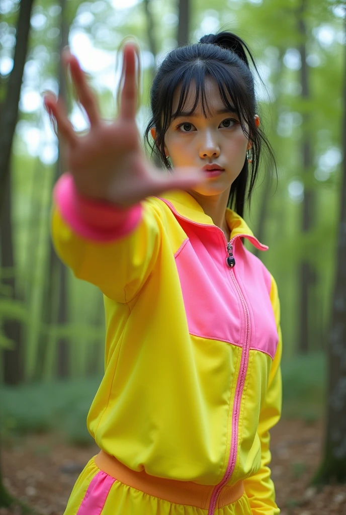Full-body photo of a korean young woman holding out his hand fucking to present a hand with short ponitail black hair, blue eyes, riding style  a big giant cat on the floor in a cool pose. Strong wide angle photography effect. She is dressed in an electric-yellow and pink tracksuit and wears high-top white sneakers. She is isolated against a light forest background and gestures a card to the camera in front of her. professional photography, sharp focus, intricate details, wide angle, fisheye --ar 39:64 --v 6.1