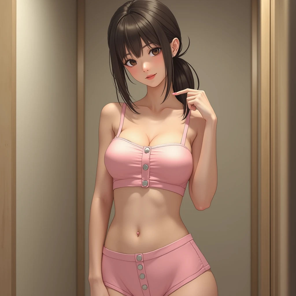 ((masterpiece, top quality, 8k, RAW photo, realistic, ultra highly detailed)), many girls, (japanese face:1.4), seductive face:1.4, 2, perfect cute face:1.5, symmetrical face, perfect body:1.3, dark brown hair, lower ponytail:1.4, double eyelid, standing, ((light pink front button tube top with straps, 3 front buttons, light pink boxer briefs)), (in changing room:1.5)