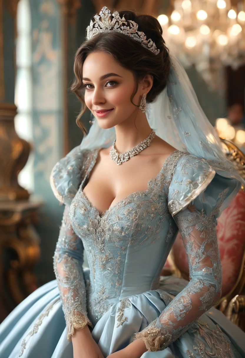 A beautiful inteligent, sophisticated women.. Opulent and elegant hyper-detail dress fit for a queen. Large opulent breasts, covered breasts. Wide-swinging hips. wide-inviting-smile, modest, conservativly dressed. Dickensian dress, chaste, pure, innocent, wholesome vestral, photorealistic. Circa 1885. black long hair wave, smilling
