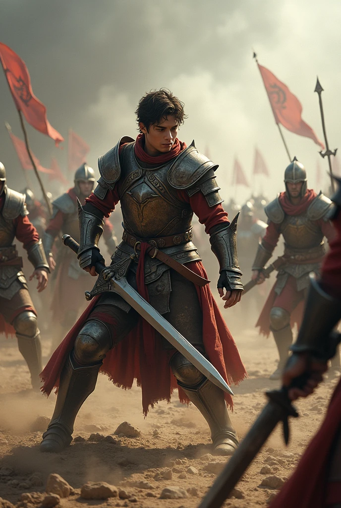 Young man fighting on a battlefield wearing his armor against several enemies