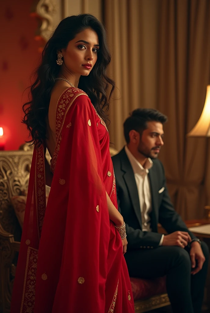 A beautiful Indian woman in a red sari, a prostitute with a pretty face, stands facing forward, holding a seat with her hands, with a rich man sitting.
