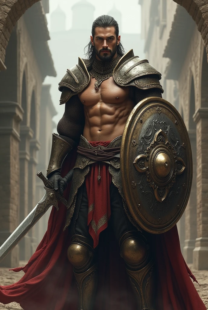 a man with a dashing face and dashing body posture holding a sword in his left hand and holding a shield in his right hand, preparing to fight and wearing armor