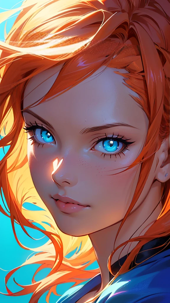 a beautiful young anime girl, nami from one piece, detailed face, beautiful eyes, long eyelashes, long orange hair, tight blue outfit, dramatic lighting, intricate detailed background, vibrant colors, cinematic composition, digital art, highly detailed, 8k, photorealistic