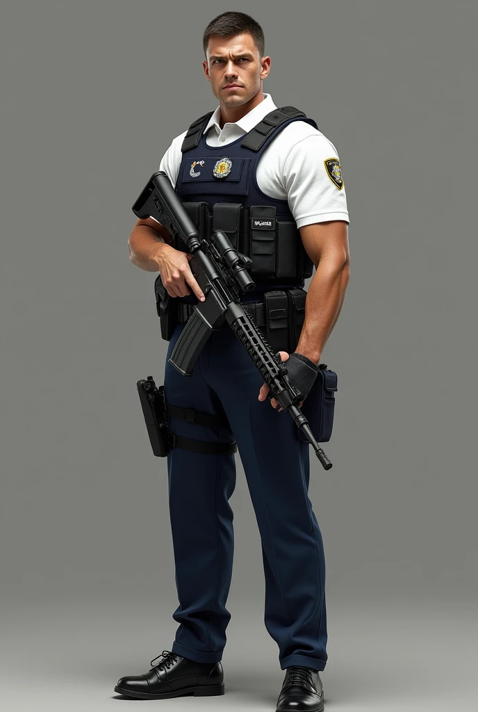 adult real person, wears school uniform, white polo, navy blue slocks, black shoes, with police sign bulletproof vest with ammunition, pistol pouch in legs, sig sauer p229 sidearm, holding an customized sr16 rifle, 