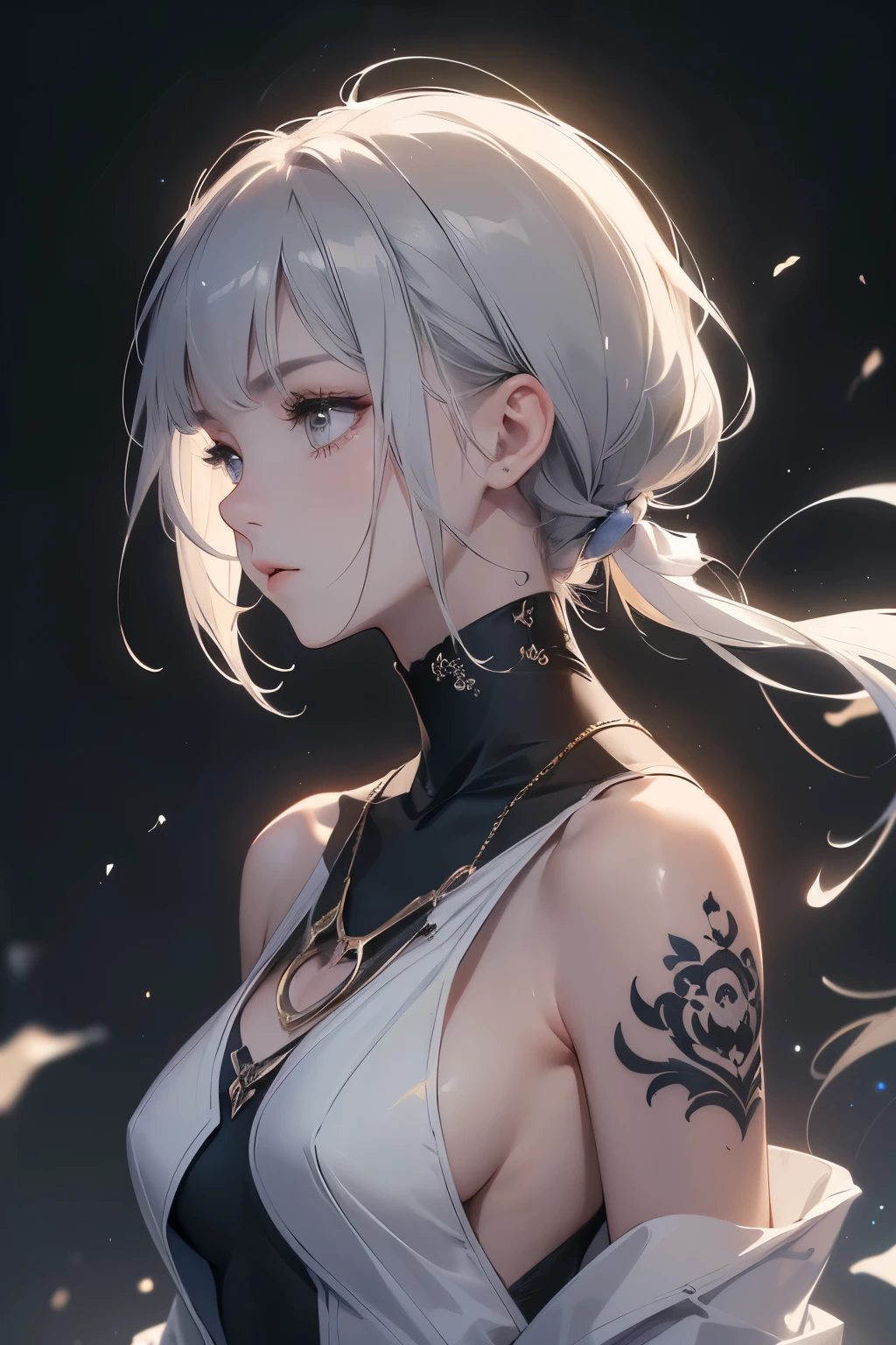 (Image from chest up:1.4)((masterpiece:1.5,Highest quality,Beautiful images、2.5D、Abstract、artistic、Portraiture))(One person, solo)(Medium chest, sideboob, turtleneck、Gray Hair、Bob Hair、Expose your shoulders、Shoulder Tattoo, slender body shape)(横顔のPortraiture,Look at me sideways、Look at an angle、shake your head、Sad look, Floating Hair)(Monotone artistic background、Plain background)((From the side:1.5)),