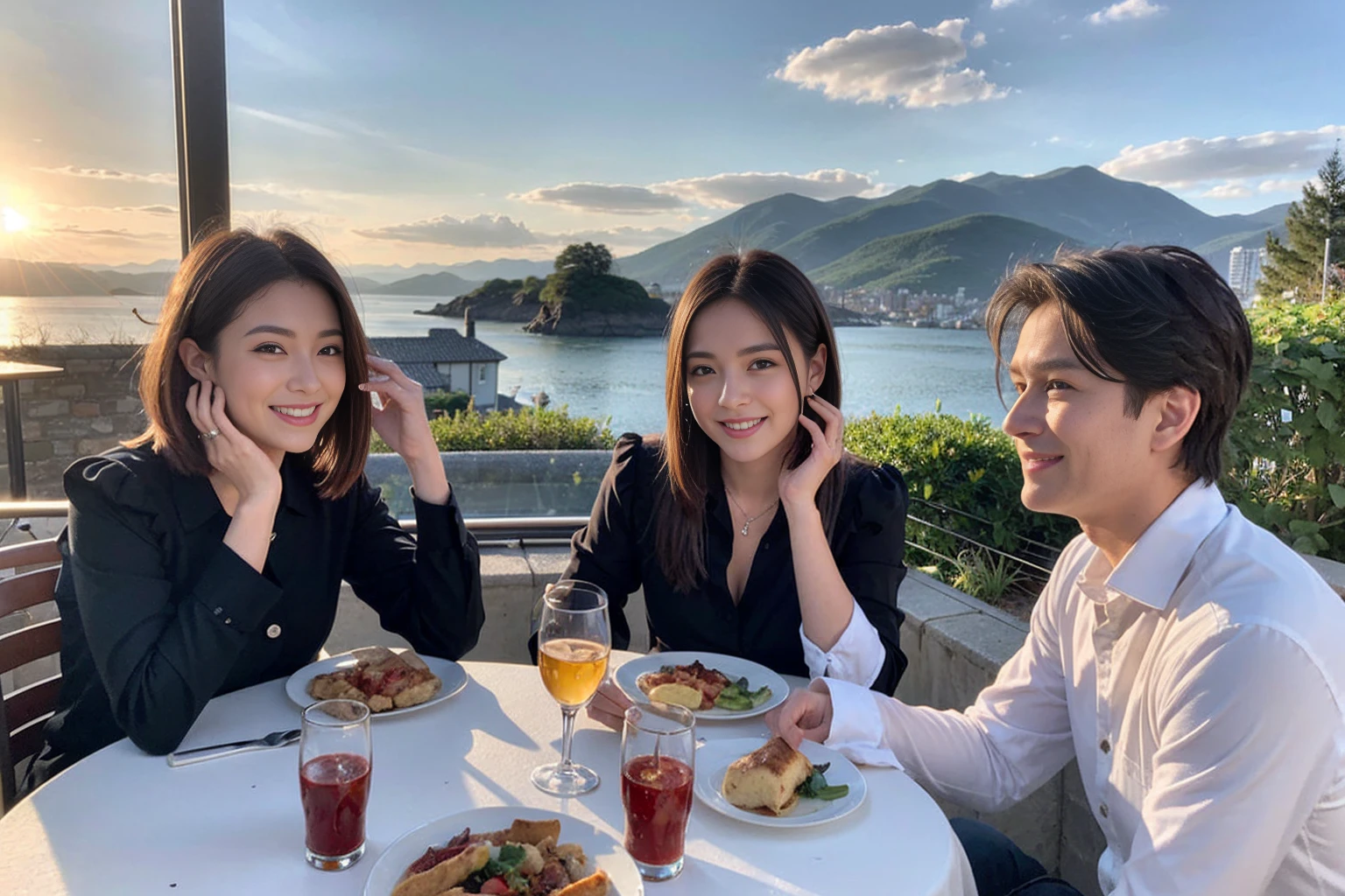((Highest quality、8k、masterpiece:1.3))、1 male、1 female、spouse、Beautiful couple、smile、 (Slim face), (The body is スリム), (Brown Hair), (Shortcuts), ((Bob Hale、Straight hair:1.2)), Whiskey bottle and glass on table、Single Malt、scotch、Shot Glass、on the rocks、Scotland、shine light on the face、 Amazing view of the sunset sky and clouds、Amazing mountain views、smileの美しさ、Bright image、blush, Shortcuts,Bright Face、 (4), 3, Appetizers、Italian food、Long sleeve shirt、dress、Attractive beauty、restaurant, Nova Frog Style, actress, model, Upper Body,