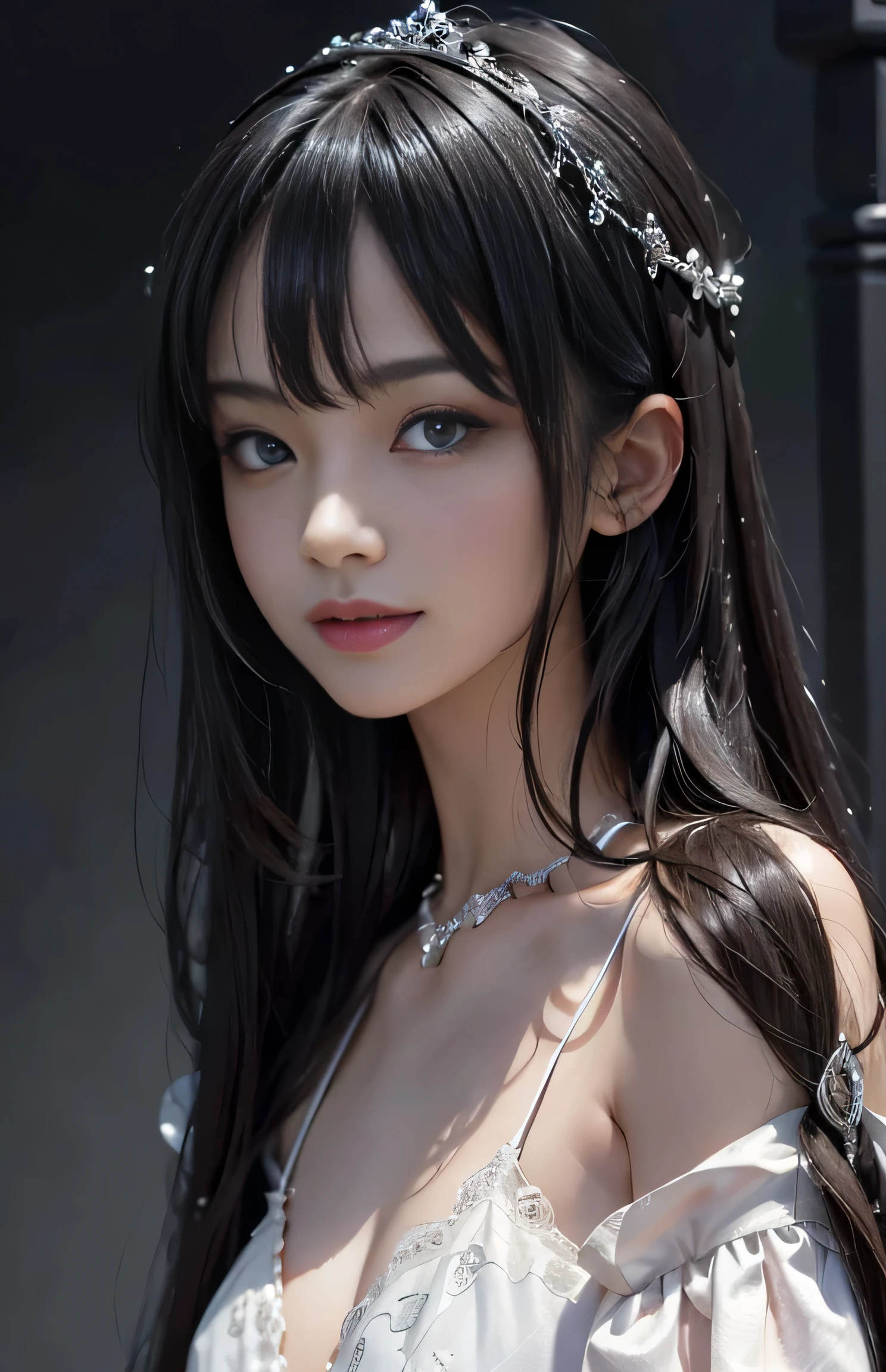(surreal), (shape), (Improved resolution), (8k), (very detailed), (Best shape), (beautiful and detailed eyes), (highest quality), (Super detailed), (masterpiece ), ( wallpaper), (detailed face), 1 girl, , white dress, Large and loose chest, looking at the viewer, small details, detailed face, in the dark, deep shadow, private key, Pure erotic face ace_v1, smile, long hair, black straight hair , 46 point diagonal bangs