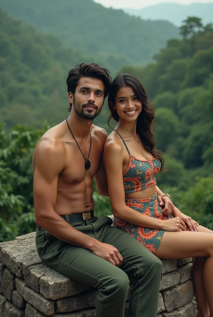 a beautiful elegant man and small Asian woman, woman with short colorful skirt, man in casual outfit, sitting like a mermaid on top of mayan pyramid, facing the camera, smiling, detailed facial features, intricate fabric textures, jungle background, photorealistic, cinematic lighting, highly detailed, muted color palette, warm tones, dramatic shadows, realistic