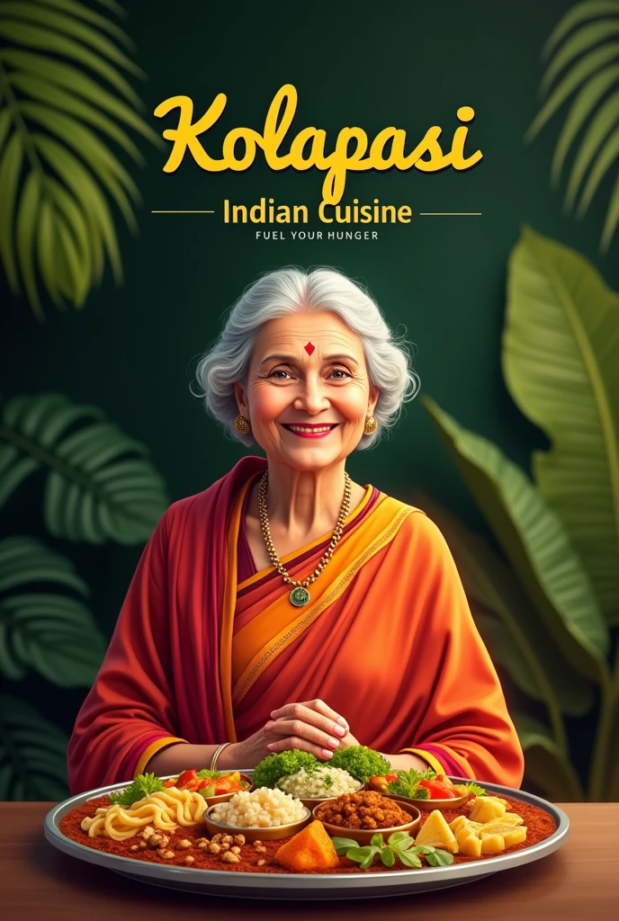 Classy banana leaf background with a happy old lady with restaurant name kolapasi indian cuisine with tag line fuel your hunger and thali with items