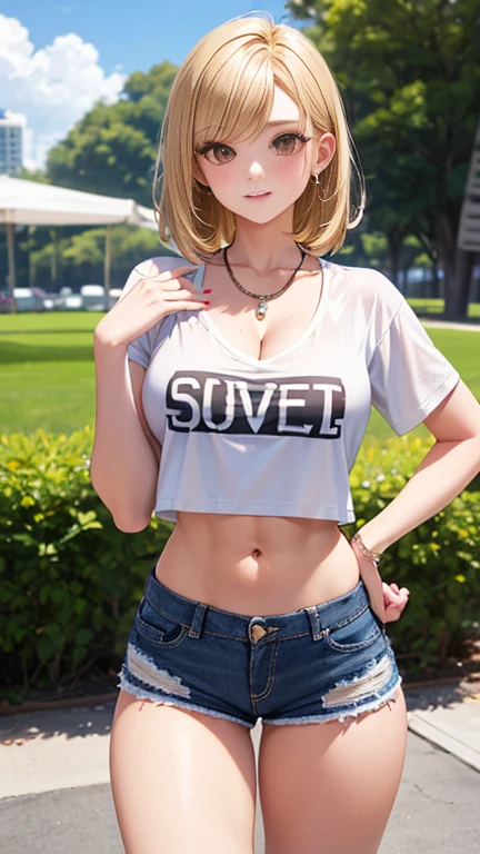 Model 1, beautiful, blonde, No bangs, Brown eyes, beautiful figure, ((He was wearing a short white T-shirt with a logo and short mini shorts.)), 細すぎるbeautiful long legs, Wrestlet, Big Necklace, Manicure, Cute Makeup, Strike a sexy pose, hot summer, hot, Sexy pose, Summer clothing, Highest quality, Highest quality, Pin-up Style, Retro 80s style, Daisy Dukes Style, Girl, Miami vibes,Perfect tummy,micro shorts,Tattered and damaged shorts,Toned Abs,Perfect cleavage,