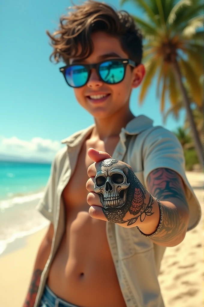 make me a photo with a design of a ager with a full skull tattoo on his right hand and an owl tattoo around it. wearing beach clothes and wearing blue beach glasses