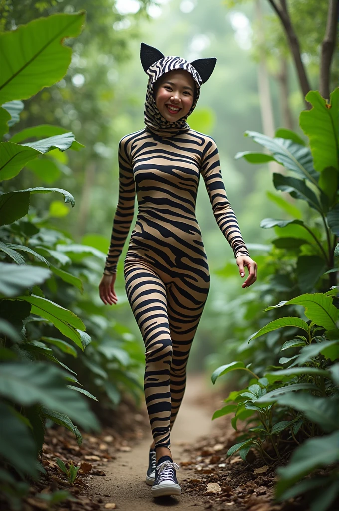 The beautiful taiwan asian adult girl with beautiful cheeks wears zebra print lycra turtleneck unitard catsuit covered with stripes and zebra print lycra elastane stretchy dancewear zentai hijab-like hood.She is happy to walk in the jungle.She always put fake cat whsikers and nose that are made of black makeup marker pen.