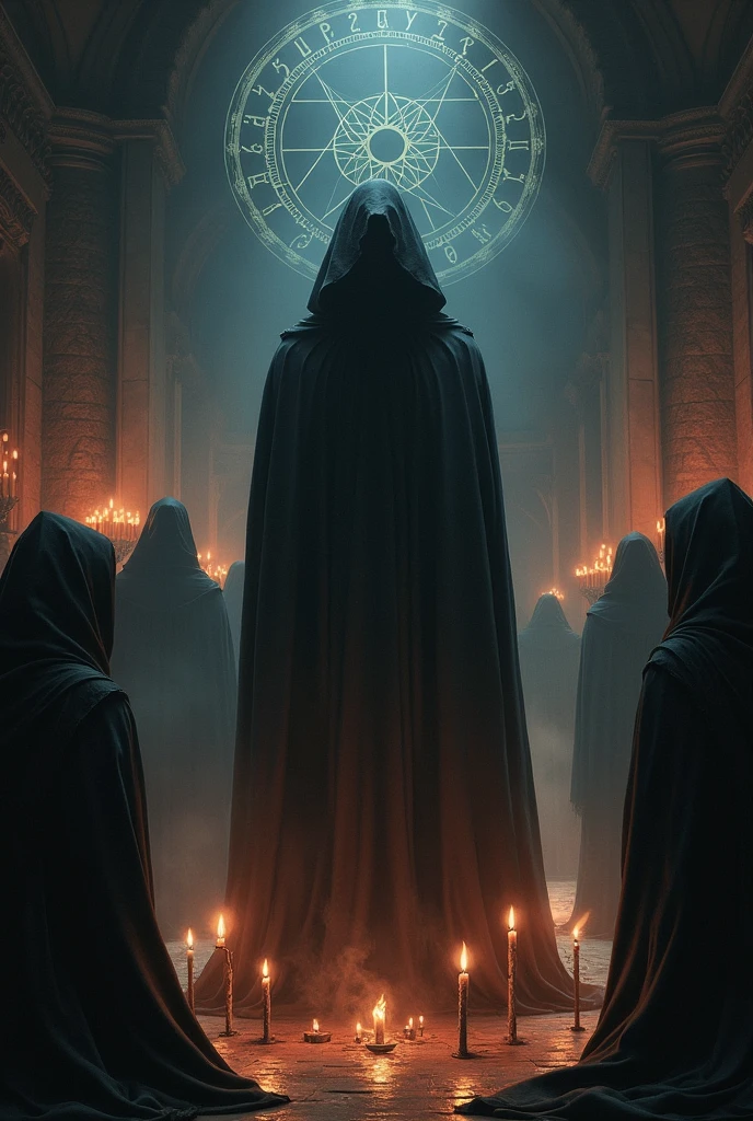 Cult of Lilith, a man in a dark hood, candles, fire and rune viking simbolos