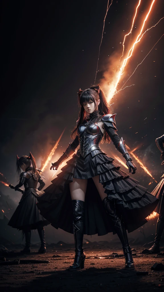 Create an image in the style of dark art and metal, featuring three powerful female figures in an intense stage performance. They are dressed in futuristic battle outfits, combining black armor with red and silver details. The background is shrouded in a chaotic atmosphere, with flames and dancing shadows. The lighting is dramatic, with beams of red and purple light cutting through the darkness, creating a sense of extreme energy. The scene should convey power, intensity, and the unique essence of the song "BabyMetal Death" by BabyMetal.
