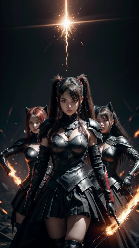 Create an image in the style of dark art and metal, featuring three powerful female figures in an intense stage performance. They are dressed in futuristic battle outfits, combining black armor with red and silver details. The background is shrouded in a chaotic atmosphere, with flames and dancing shadows. The lighting is dramatic, with beams of red and purple light cutting through the darkness, creating a sense of extreme energy. The scene should convey power, intensity, and the unique essence of the song "BabyMetal Death" by BabyMetal.