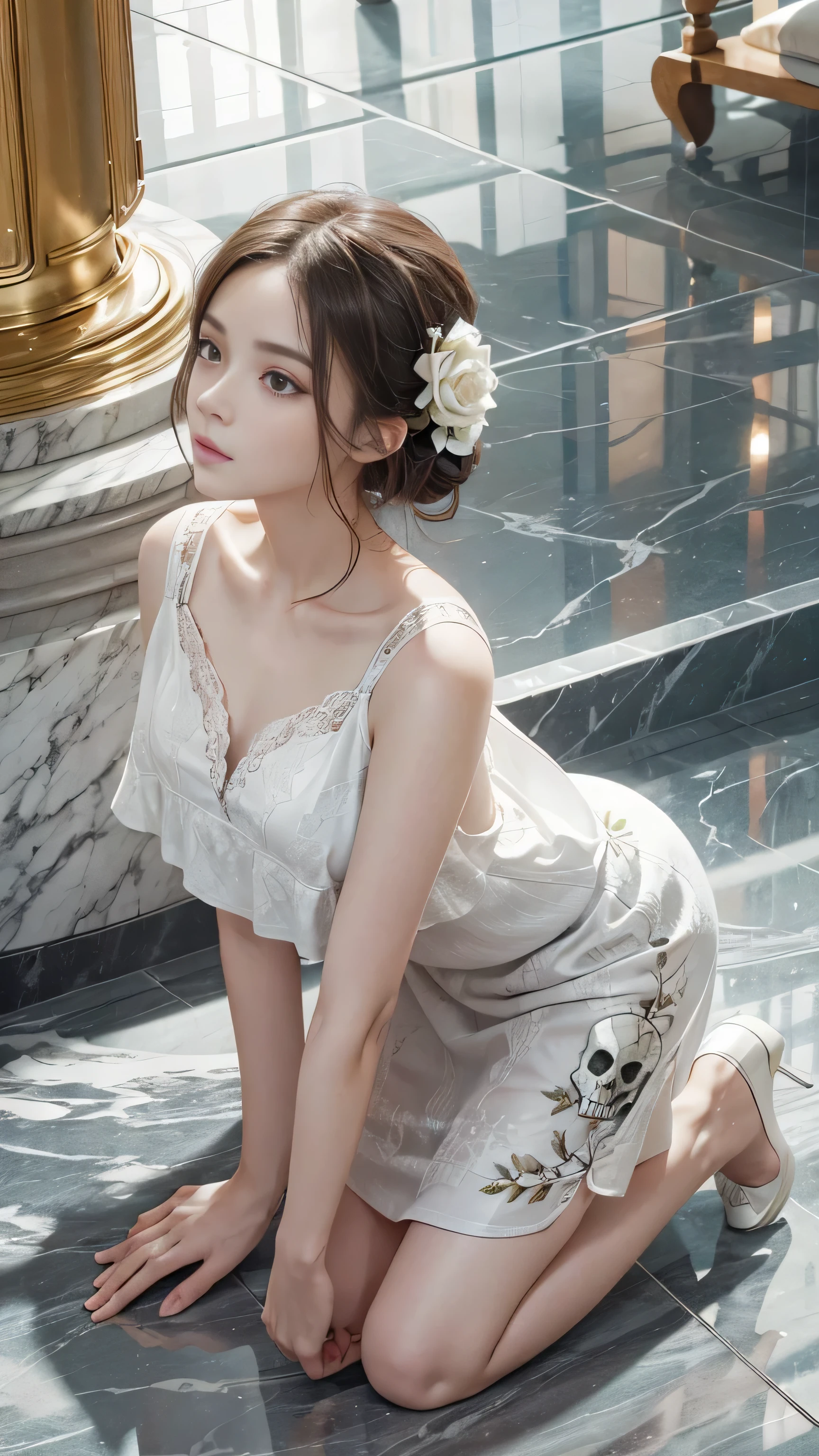 ((Kneeling on the marble floor))、flower、star、skull、A close-up detailed photo of a woman's face wearing an intricate silver metal mask decorated with musical notes、Beautiful detailed eyes、Highly detailed face and skin、Photorealistic and cinematic lighting、Dramatic Shadows、Sulky、Dark and gritty、Deep, saturated colors、Chiaroscuro、)()(Hands clasped behind back)),((tears))、(surreal), (shape), (Improved resolution), (8k), (very detailed), (Best shape), (beautiful and detailed eyes), (highest quality), (Super detailed), (masterpiece ), ( wallpaper), (detailed face), 1 girl, , white dress, Large and loose chest, looking at the viewer, small details, detailed face, in the dark, deep shadow, private key, Pure erotic face ace_v1, smile, long hair, black straight hair , 46 point diagonal bangs