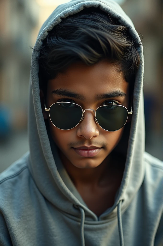 A boy who looks like thalapathy vijay with sunglasses and hoodie sweatshirt