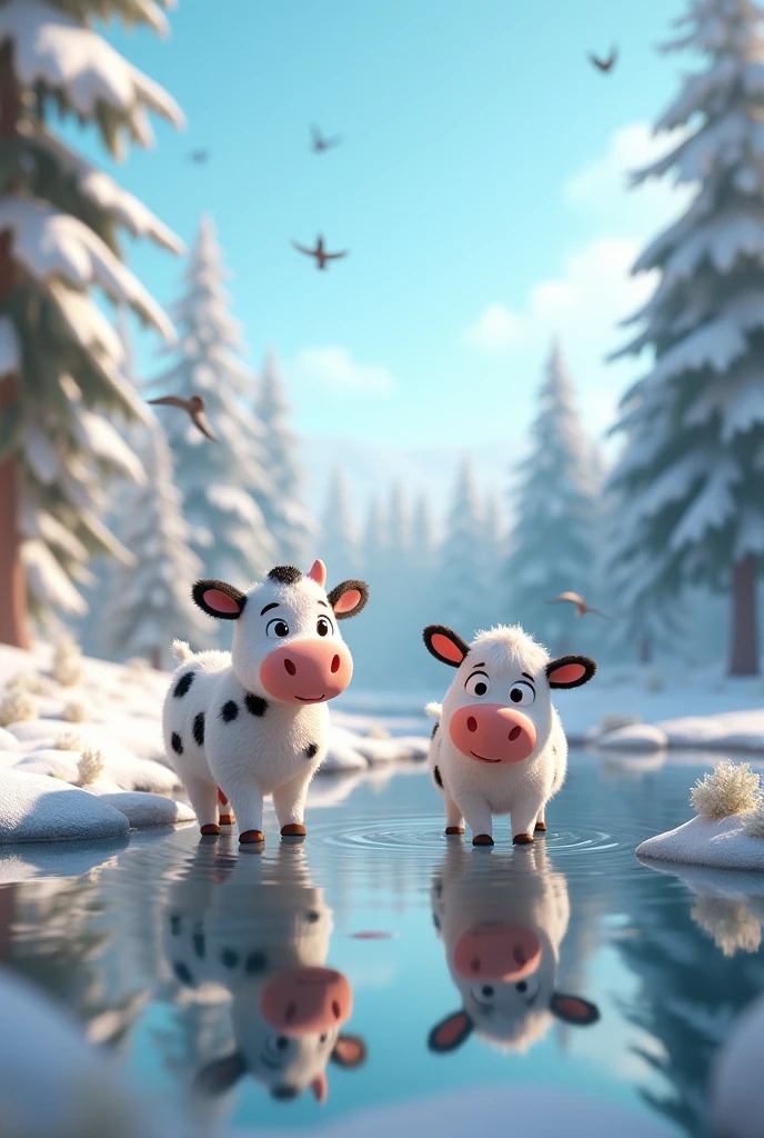 In Cinematic 3d cartoon style" two cow in the forest background cool like winter season background have many trees in the sky birds flying,cow colour is white with black dots and on the side of cow live pond have few water"