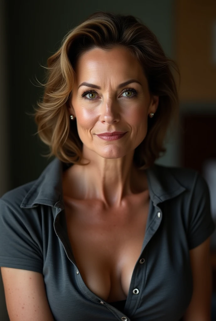 Milf polonaise sexy 40 ans, avec des rides, ultra realistic , avec gros . , elle porte un polo