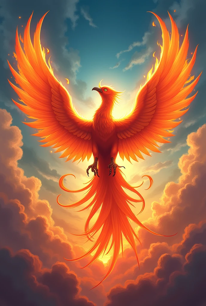 Mythical Phoenix Rising: Illustrate a vibrant phoenix emerging from a burst of flames, its feathers shimmering in a spectrum of colors. The background features a dramatic sky with swirling clouds, enhancing the mythical and powerful aura of the phoenix.