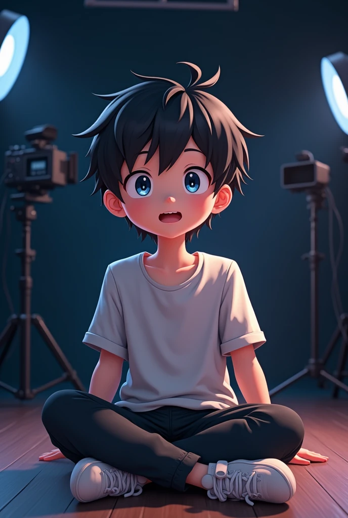boy anime character, studio, YouTube, video recording, front of me, talking, sit dark background