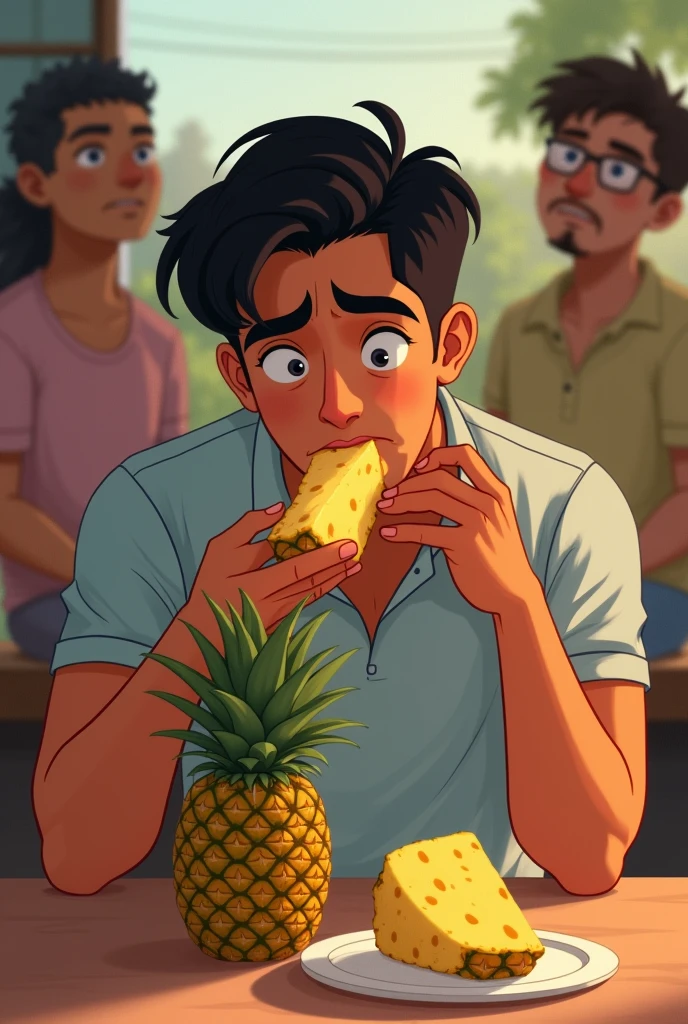 A group of friends or colleagues interacting happily, then changing when a personal interest conflict arises.
Cassio, perplexe, il se demande si montrer un faux moment de sa vie sur les réseaux sociaux vaut plus que vivre un moment réel. Puis il s'assoit et mange l'ananas presque intact que Marcos avait laissé de côté, et savoure chaque morceau d'ananas.