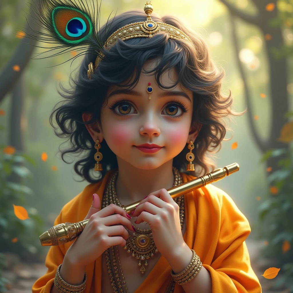 psd image of Lord Krishna with peacock Feather , flute with light natural background
