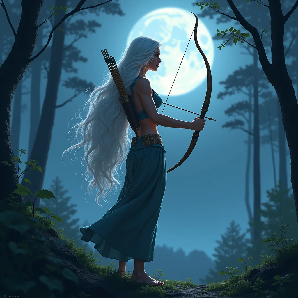 (best quality,4k,8k,highres,masterpiece:1.2),ultra-detailed, 1woman, Greek goddess Artemis, Mediterranean features and skin tone, Athletic build, wearing trousers, wide feminine hips, White hair. in the woods at night, night time, bathed in pale blue moonlight, moon, wielding a bow, wearing a quiver of arrows, on the hunt, dressed for hunting, drawn in the style of Yoshitaka Amano, HDR, 8k, absurdres, cinestill 800, photo realistic, sharp focus