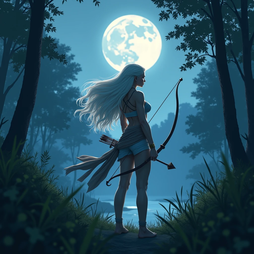 (best quality,4k,8k,highres,masterpiece:1.2),ultra-detailed, 1woman, Greek goddess Artemis, Mediterranean features and skin tone, Athletic build, wearing trousers, wide feminine hips, White hair. in the woods at night, night time, bathed in pale blue moonlight, moon, wielding a bow, wearing a quiver of arrows, on the hunt, dressed for hunting, drawn in the style of Yoshitaka Amano, HDR, 8k, absurdres, cinestill 800, photo realistic, sharp focus