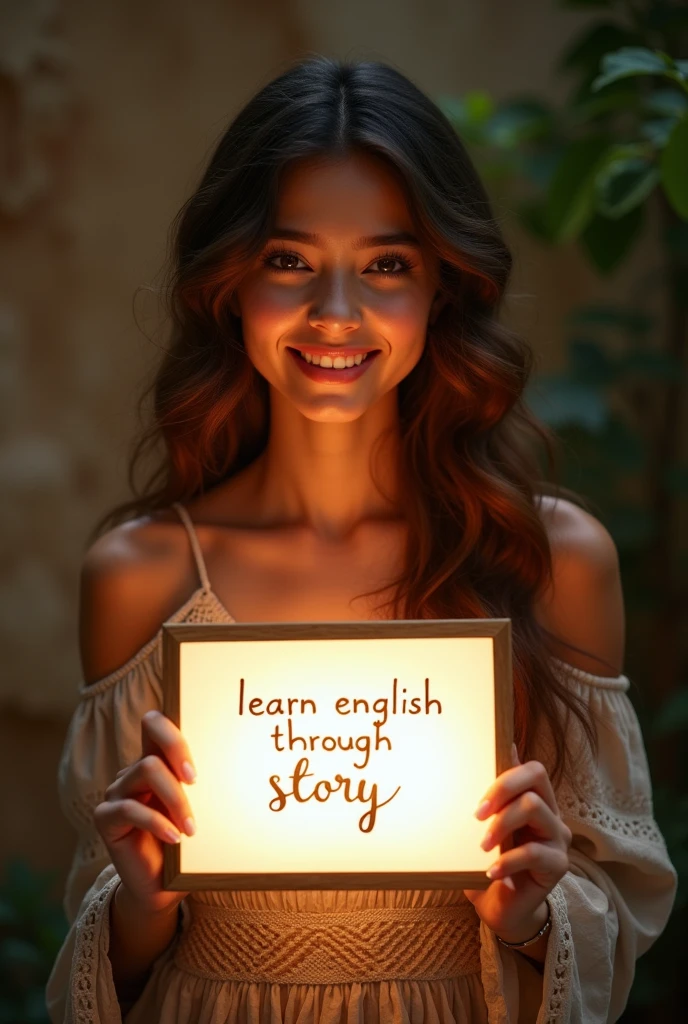 Beautiful girl with heart-warming smile and wavy long hair, bohemian dress, holding a white board with text "learn English Through Story" and showing it to the viewer, the board is glowing with  the text.