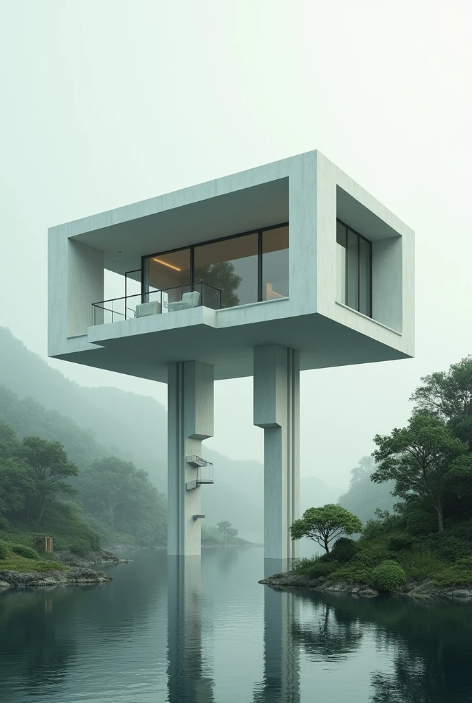 House that is supported by 4 big post to make it look levitating the house must be 3 meters from the ground and has a staircase in the center to get inside, the post should be in outer shell of the house and it should extend taller than the house itself