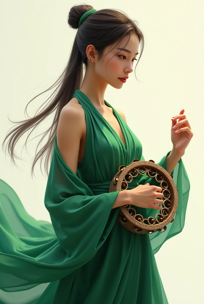 Tambourine player with tied hair, long green skin-covering dress and holding her tambourine as realistically as possible