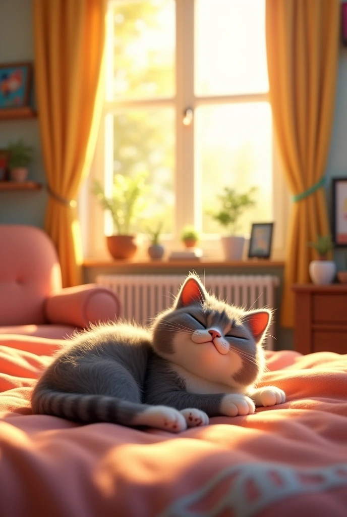 With a 3d Pixar Animation,A happy gray tabby cat lying on a soft bed by a sunlit window in a cozy, colorful living room. The sits nearby, smiling, while sunlight fills the room with warmth.
