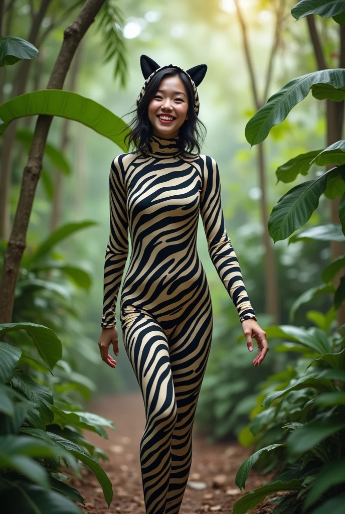 The beautiful taiwan asian adult girl with beautiful cheeks wears zebra print lycra turtleneck unitard catsuit covered with stripes and zebra print lycra elastane stretchy dancewear zentai hijab-like hood.She is happy to walk in the jungle.She always put fake cat whsikers and nose that are made of black makeup marker pen.