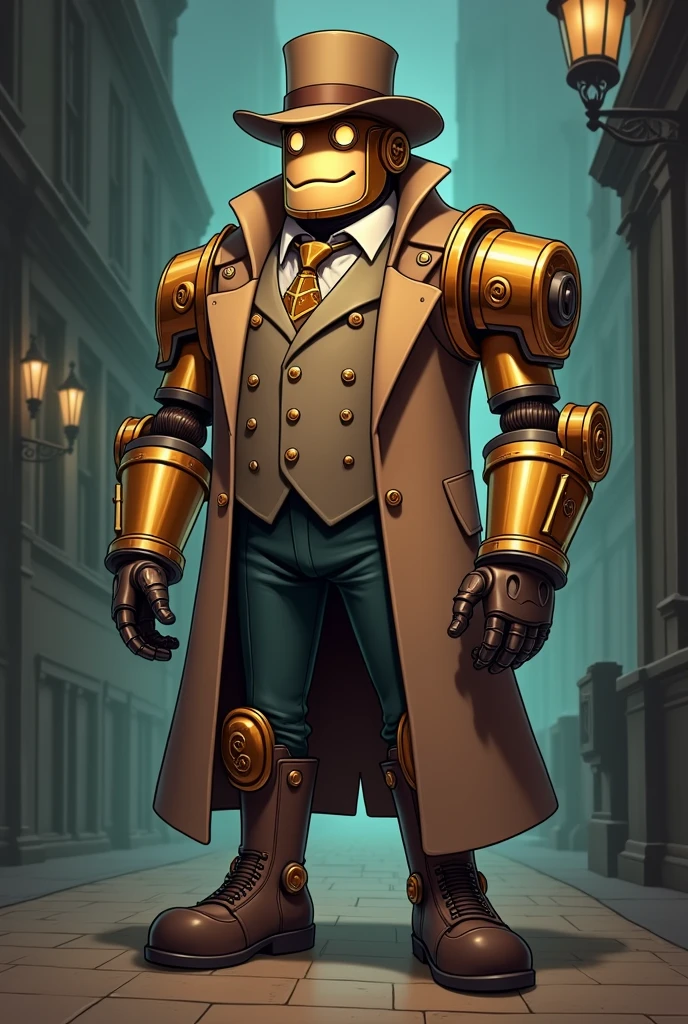 une al detective laiton ya blitzcrank de league of legends, That is, dress Blitzcrank in all Professor Layton's attire with a 2D cartoon style with a trench coat and top hat with a friendly but smart and intelligent face., more adult with a more robotic face