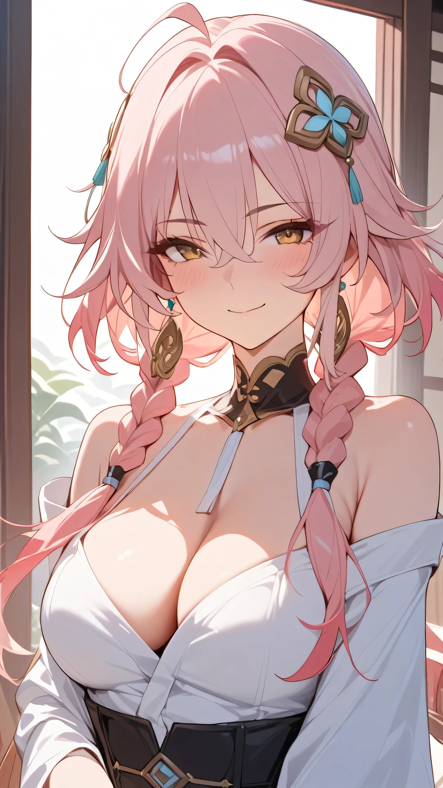 (Masterpiece, best quality:1.2,) \(mingchao/changli\), 1girl,solo,long hair,hair ornament,pink hair,cleavage,bare shoulders,ahoge,bangs,smile,closed mouth,braid,upper body,hair between eyes,off shoulder,multicolored hair,twin braids,earrings,