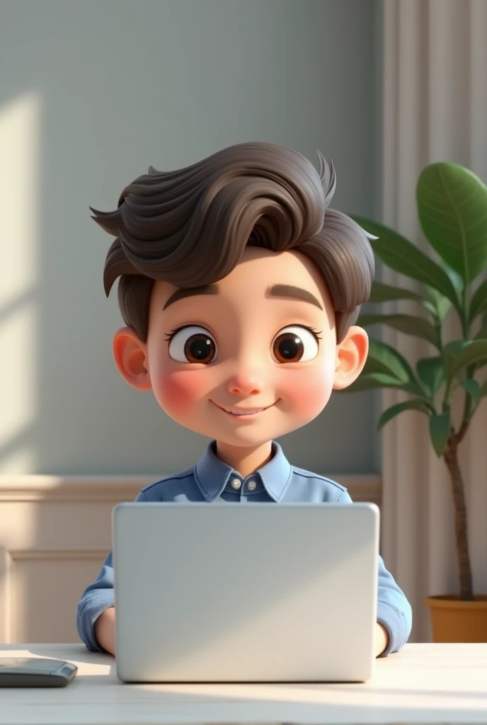 A boy , cute face , smart ,blue shirt and , table laptop,3d
