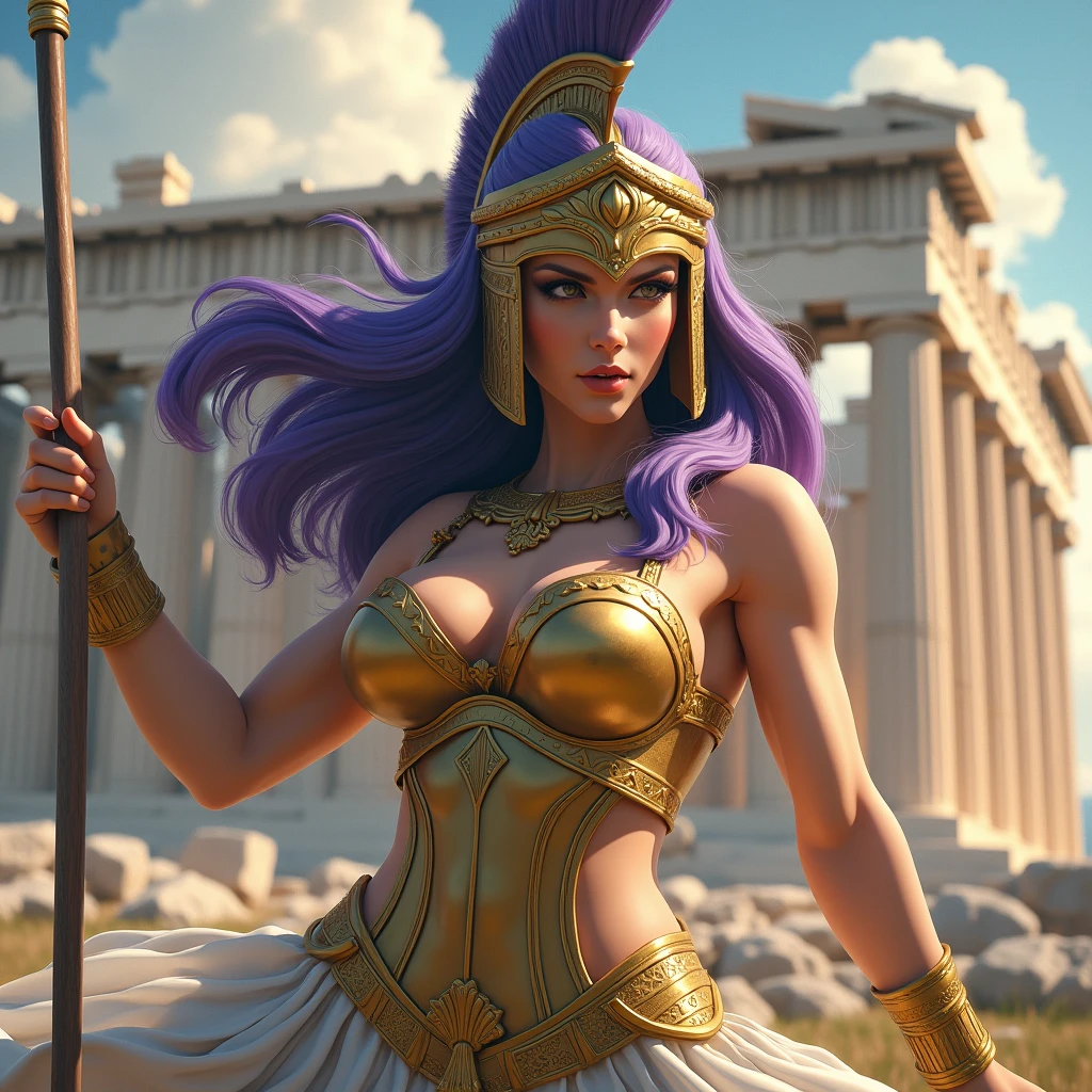 (best quality,4k,8k,highres,masterpiece:1.2),ultra-detailed, 1woman, Greek goddess Athena, purple hair, wearing golden hoplite armor with helmet, attacking pose, wielding a spear, looking at the viewer, wise, impressive, seductive eyes, in front of the Parthenon, drawn in the style of Yoshitaka Amano, HDR, 8k, absurdres, cinestill 800, photo realistic, sharp focus