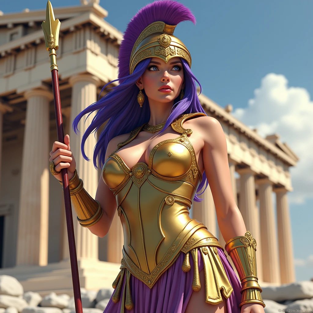 (best quality,4k,8k,highres,masterpiece:1.2),ultra-detailed, 1woman, Greek goddess Athena, purple hair, wearing golden hoplite armor with helmet, attacking pose, wielding a spear, looking at the viewer, wise, impressive, seductive eyes, in front of the Parthenon, drawn in the style of Yoshitaka Amano, HDR, 8k, absurdres, cinestill 800, photo realistic, sharp focus