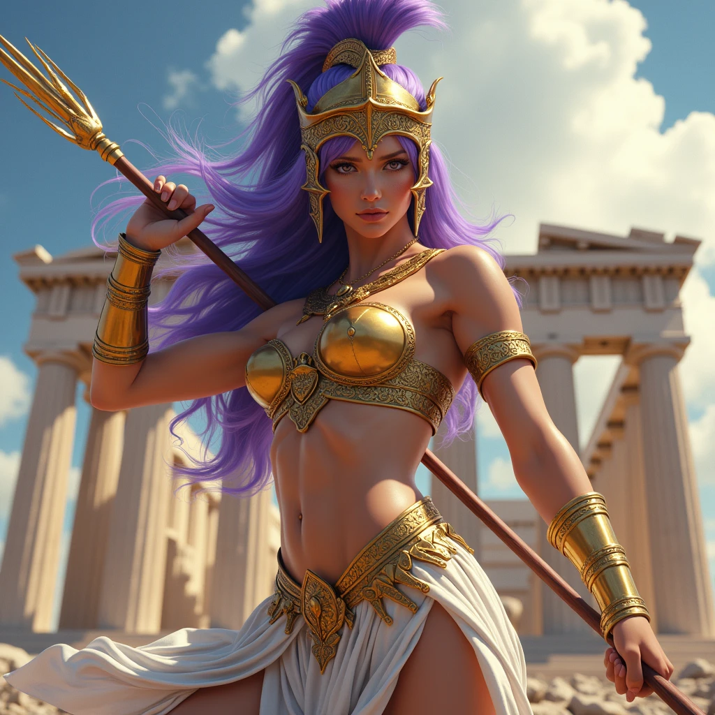 (best quality,4k,8k,highres,masterpiece:1.2),ultra-detailed, 1woman, Greek goddess Athena, purple hair, wearing golden hoplite armor with helmet, attacking pose, wielding a spear, looking at the viewer, wise, impressive, seductive eyes, in front of the Parthenon, drawn in the style of Yoshitaka Amano, HDR, 8k, absurdres, cinestill 800, photo realistic, sharp focus